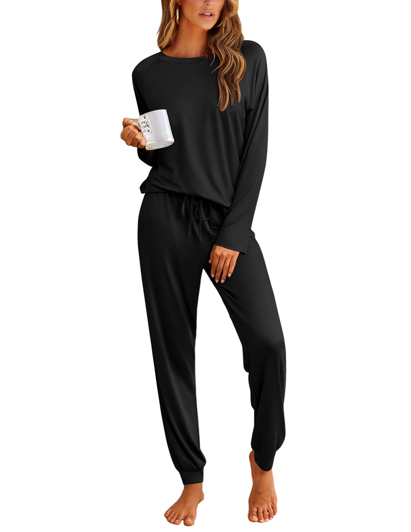 Ekouaer Pajamas Womens Long Sleeve Pj Set 2 Piece Loungewear Soft Comfy Sleepwear with Jogger Pants S-XXL