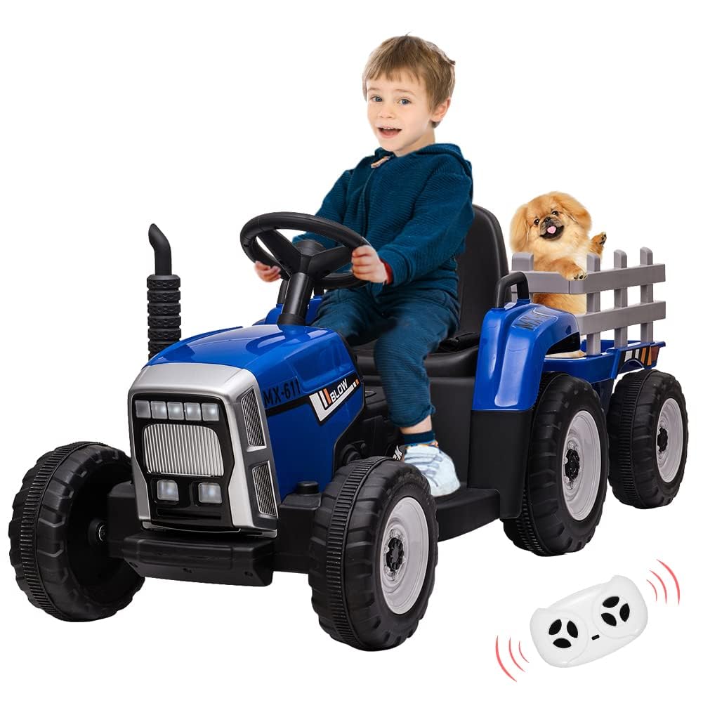 Petit Tracteur Électrique 12V Enfant,avec Remorque Amovible, 6 Roues Antidérapantes Télécommande, LED & USB Musique, Voiture Électrique Compact Intérieur Extérieur 3-8 Ans