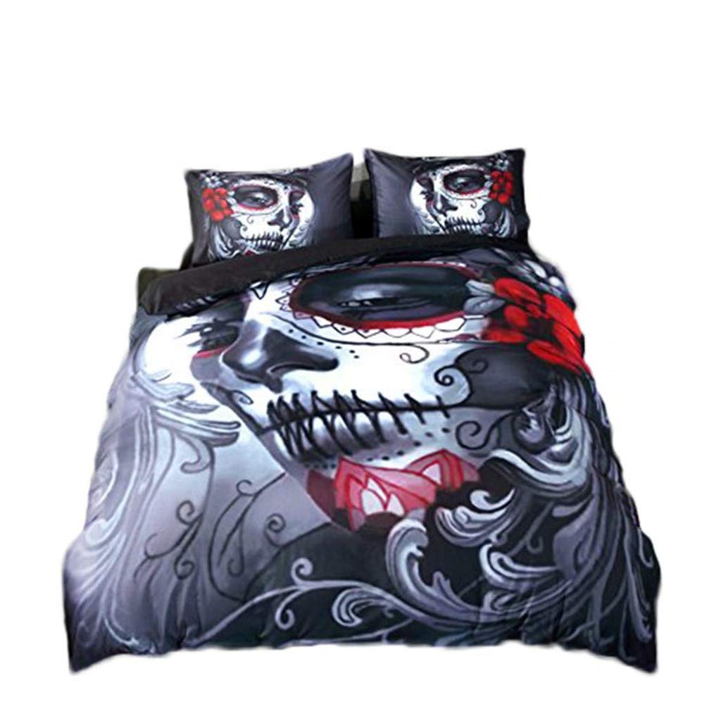 Andrui Bedding Set Double 3 Pieces 1 Quilt Cover 200x200cm + 2 Pillowcase 50x75cm Gothic Skull Design Duvet Cover Soft Microfiber with Zipper Closure