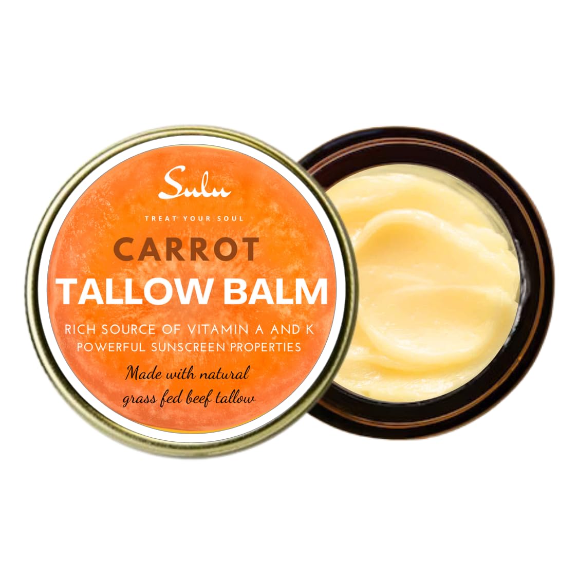 SULU ORGANICS Whipped Tallow Balm with Carrot Oil and Grass Fed Tallow for Face and Body, Natural Sunscreen- 4 ounces-Glass Jar