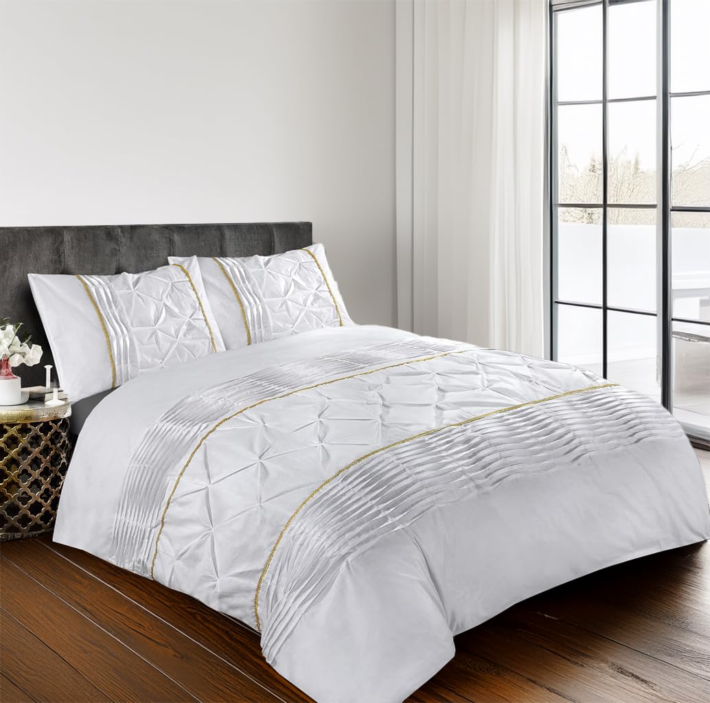 Home Sweet Home UK King Size Duvet Cover Set – Soft PolyCotton Border Pintuck Pattern with Matching Pillowcases, Pintuck Pleated Design, Durable & Machine Washable