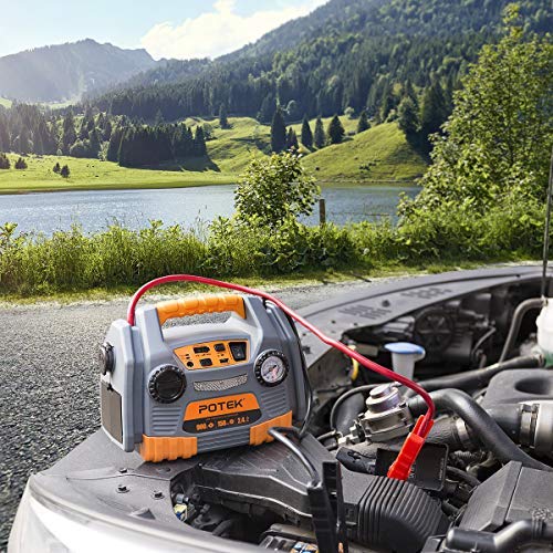 POTEK Jump Starter Source with 150 PSI Tire Inflator/Air Compressor,900 Peak Amps Power Station with 2.4A USB Port