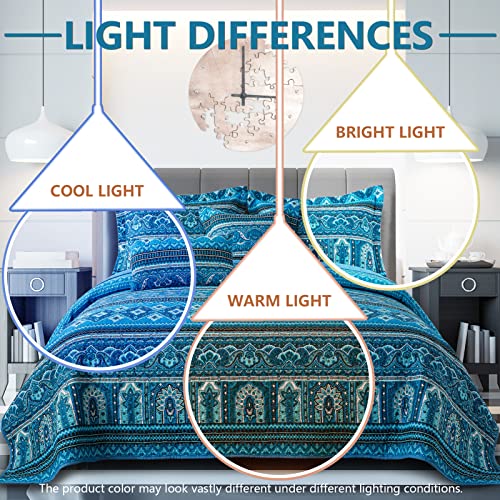 VAPUTAR Cotton Quilt Queen Size Bedding Set - 3 Pieces Queen Quilt Bedding Set, Boho Queen Size Quilts, Lightweight Reversible Coverlets Bedspreads for Farmhouse Bedroom (Blue)