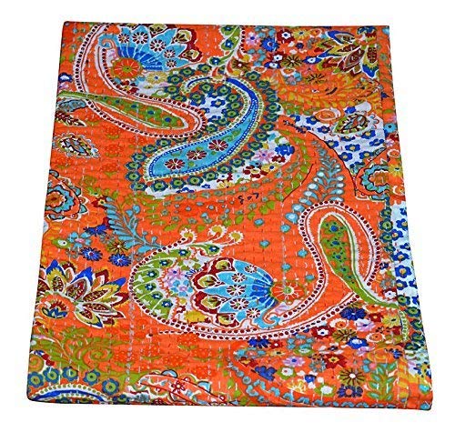 Radhykrishnafashions Indian Queen/Twin Handmade Paisley Print Kantha Quilt Cotton Kantha Blanket Bed Cover Sofa Cover Kantha Bedspread Bohemian Bedding (Orange, Twin(60x90 Inch)), RKV233
