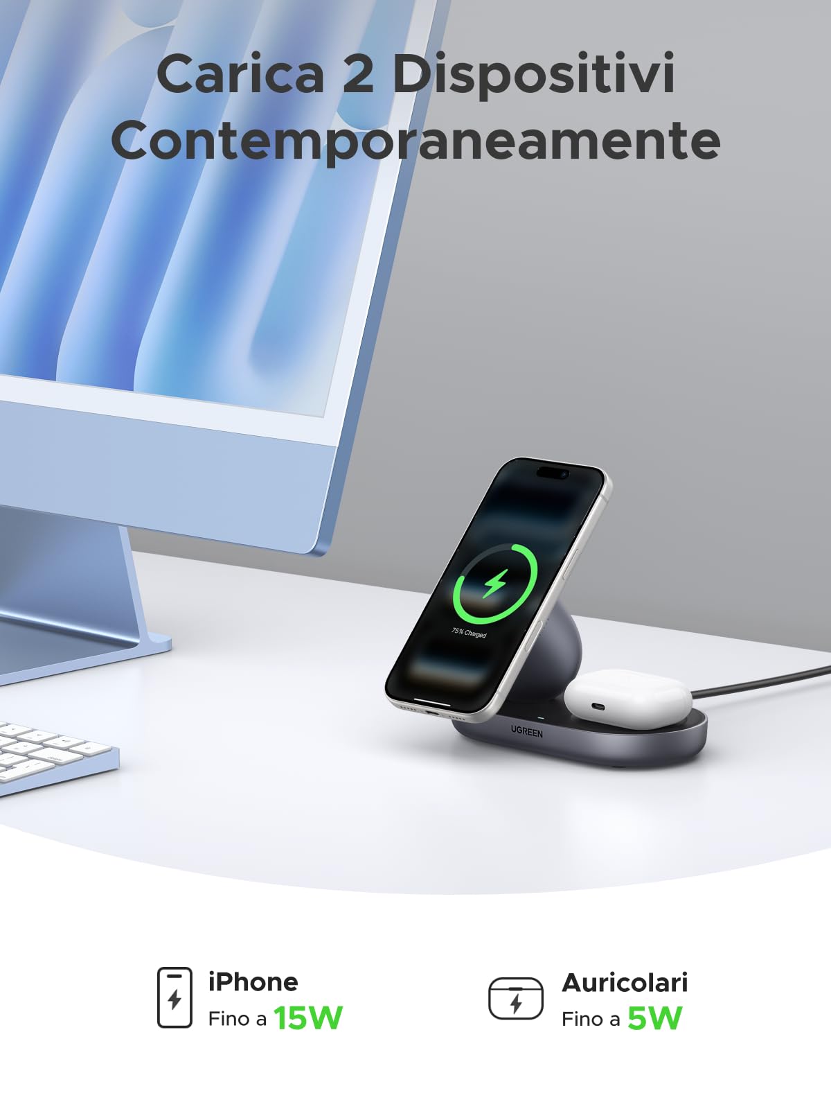 UGREEN Zapix Caricatore Wireless iPhone Certificato Qi2 15W Base Ricarica Rapida Magnetico 2 in 1 Compatibile con Magsafe iPhone 17 Pro Max Plus Air 16 15 14 13 12 AirPods 4 3 Pro 3 2 1 (Nero)