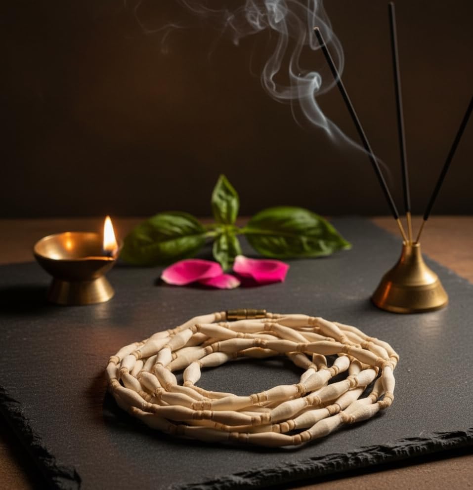 Image of Original Tulsi Kanthi Mala from Vrindavan Dham | Pure Natural Tulsi Wood Beads | ISKCON Style Single Round Spiritual Necklace for Men & Women | Hindu Pooja & Meditation Mala
