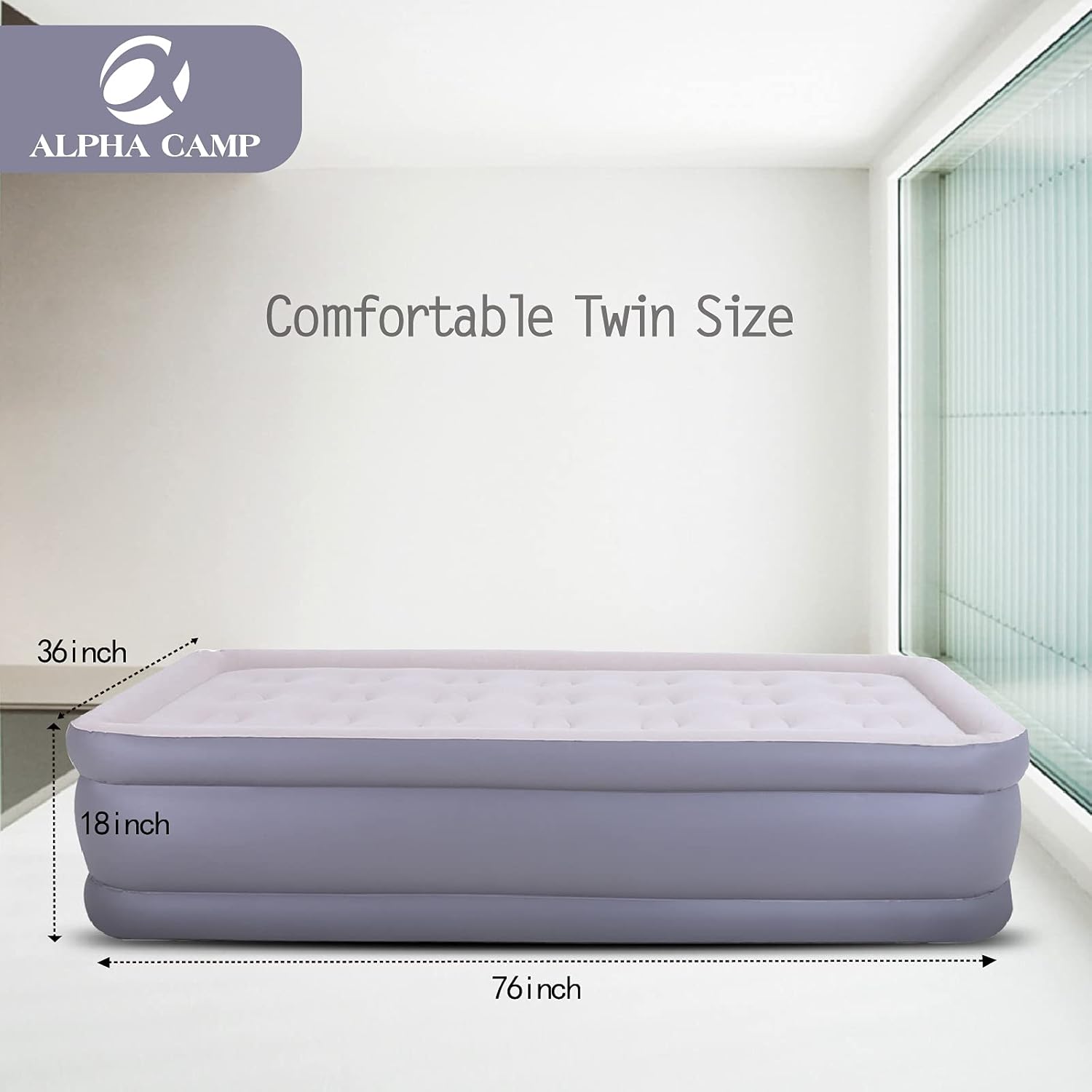 ALPHA CAMP Air Mattresses with Built in Pump, 18inch Twin Size Inflatable Flocked Top Airbed for Camping Travel Guests Home, Storage Bag & Repair Patch Kit Included : Sports & Outdoors