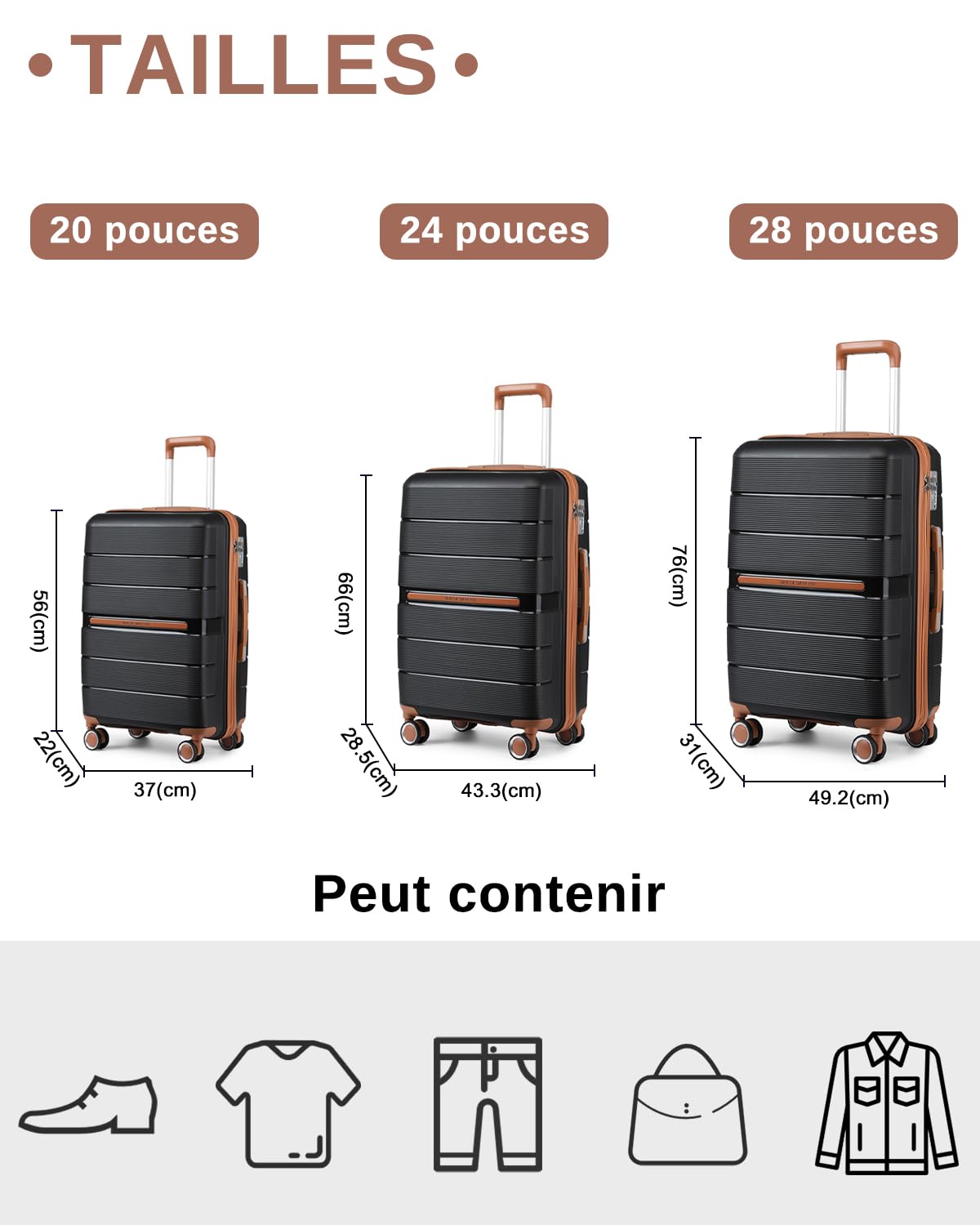 British Traveller Valise Grande Taille Valise de Voyage 101 Liters, Rigide Trolley en Polypropylène à 4 roulettes et Serrure TSA, 76x49.2x31 cm (Noir)