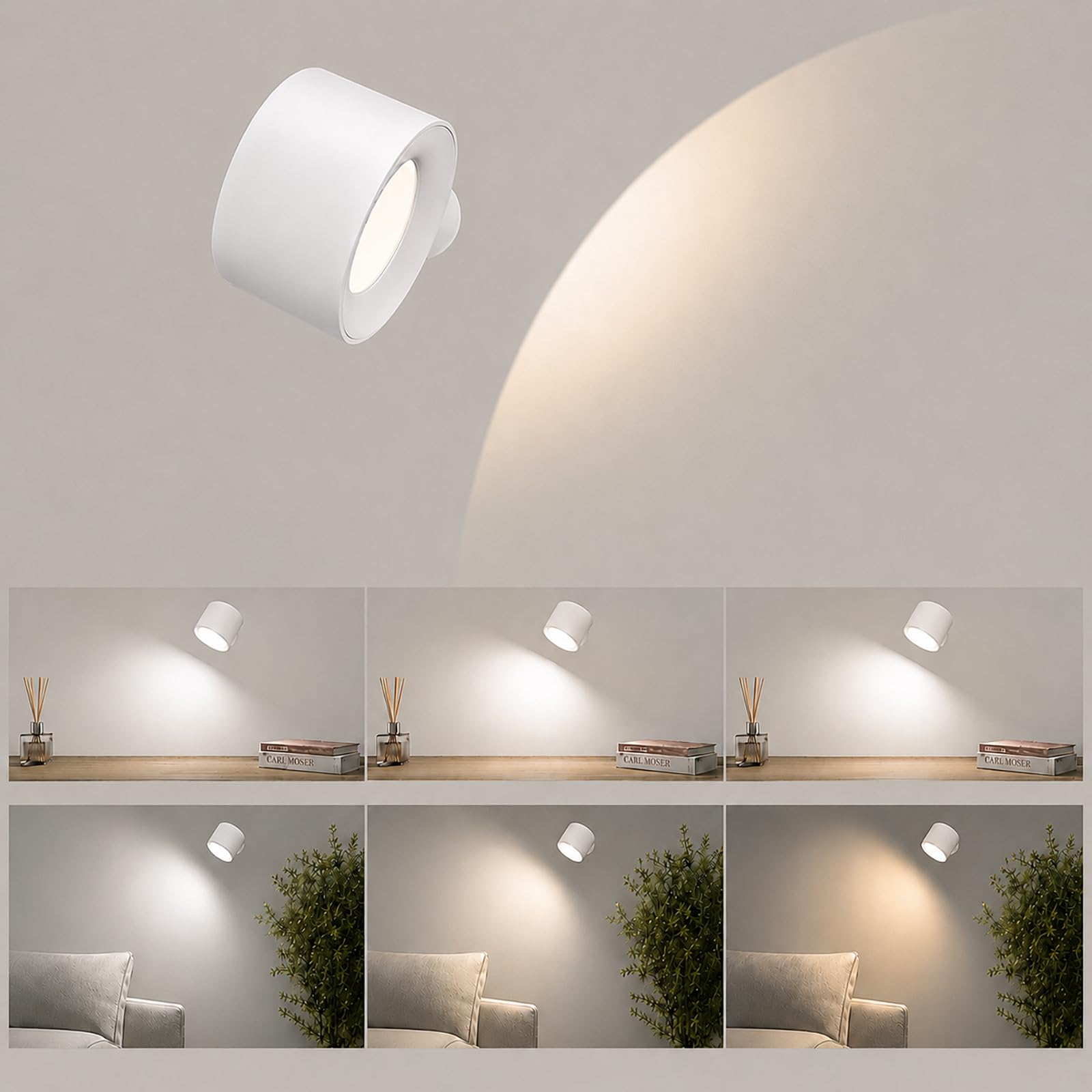 Beuaati LED Wall Light, Wall Lamp with 3 Brightness Levels, 3 Color Modes, 360° Rotate Magnetic Ball, Touch Control, Indoor Battery Wall Light for Bedroom, Reading, Living Room - 1 Pack