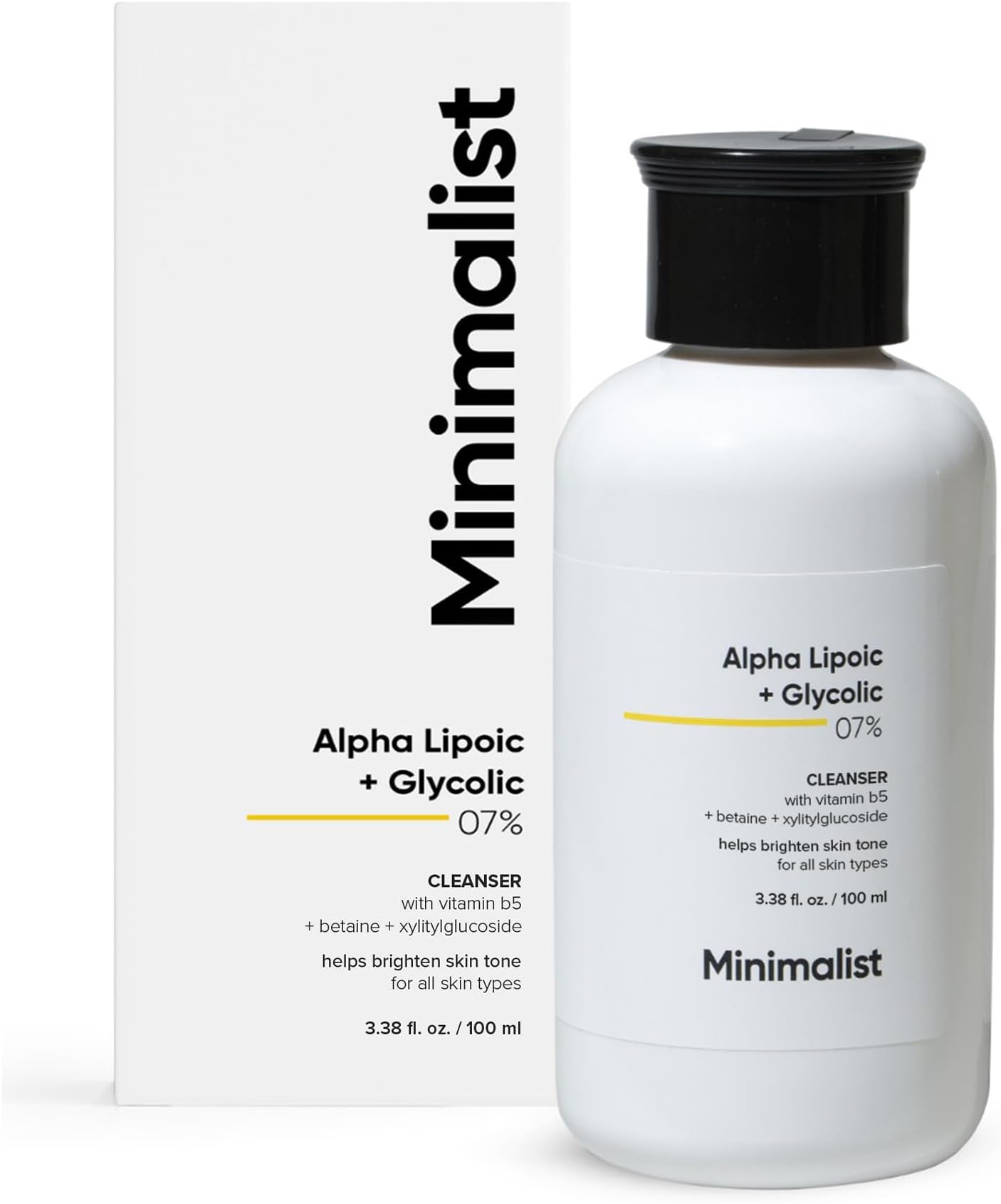 Minimalist Face Wash for Brightening | Alpha Lipoic + Glycolic Acid 7% Cleanser for Exfoliation, Glow & Even Tone | With Vitamin B5 For Hydration | for Men & Women | 3.4 Fl Oz / 100 ml