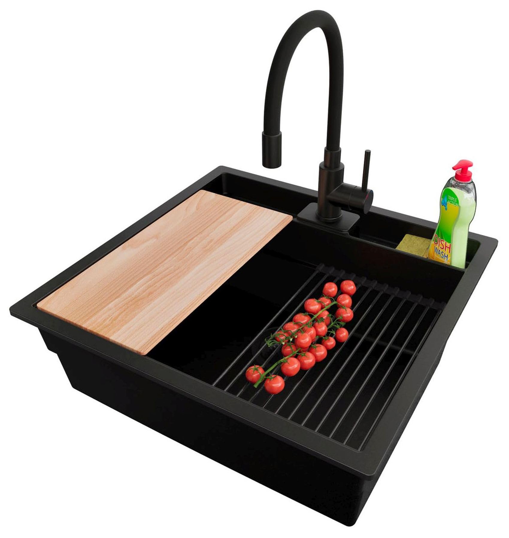 PRIMAGRAN Evier Cuisine en Granit au Meuble 60cm + Robinet, 56x54cm