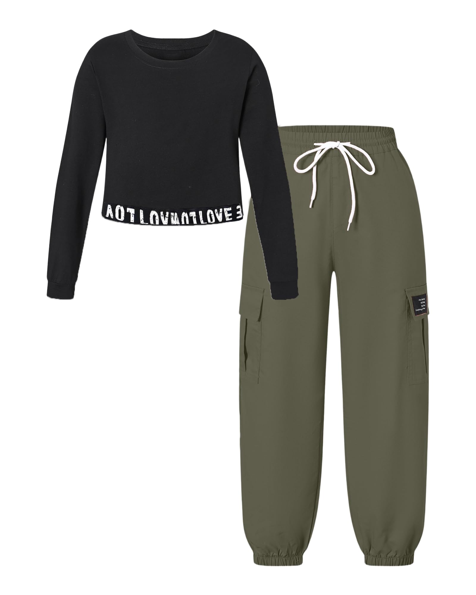 Betusline Girls Fall Winter Clothing Sets, Long Sleeve Crop Top &amp; Cargo Jogger Pants 2 Piece Outfit Sets,4T-14Y