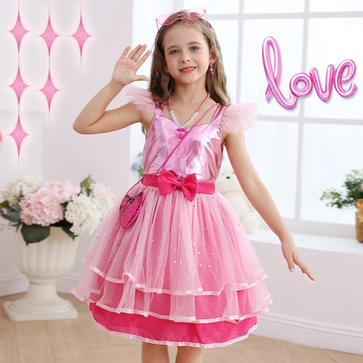 Snyemio Girls Princess Costume Pink Kids Fancy Dress Up with Accessories Carnival Halloween Cosplay, 2-3 Years(Label 100) - Image 2