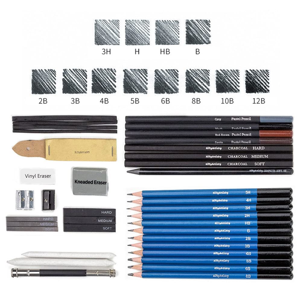 Set de crayons à dessin pour esquisses et dessins, avec outil fusain et sac pour l'enseignement en art, peinture et dessin.