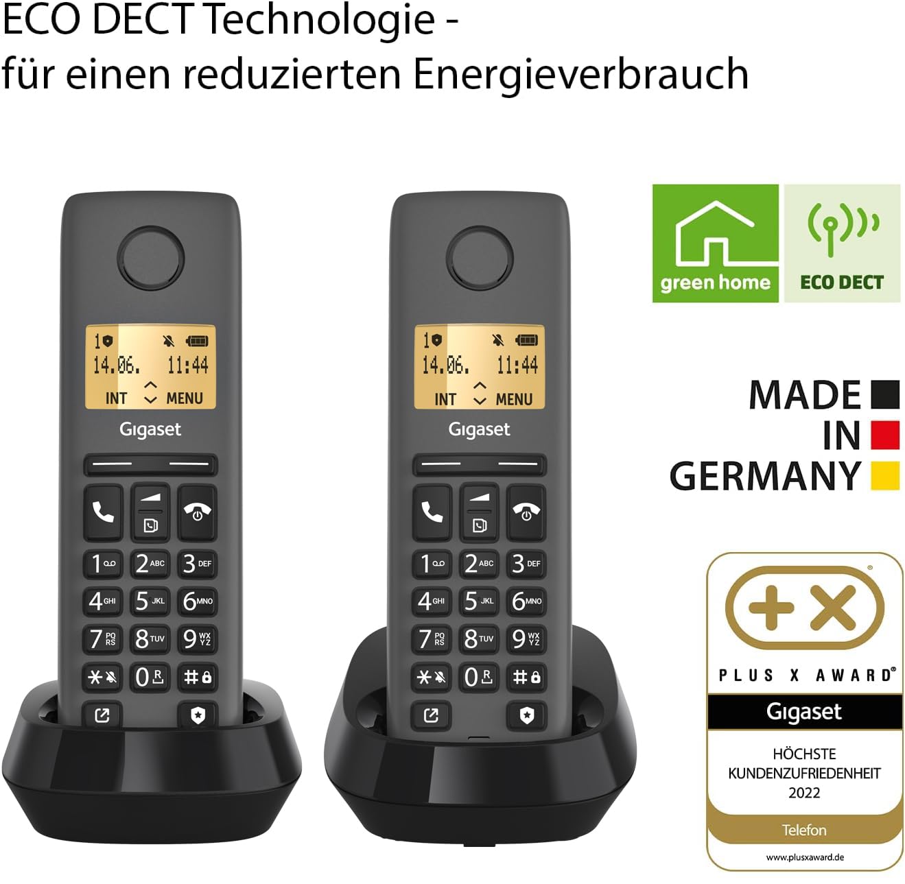 Gigaset Pure 120 Duo - 2 telefony bezprzewodowe z ECO DECT - podświetlany ekran - kompatybilny z aparatami słuchowymi - Ochrona połączeń, Czarny Antracyt