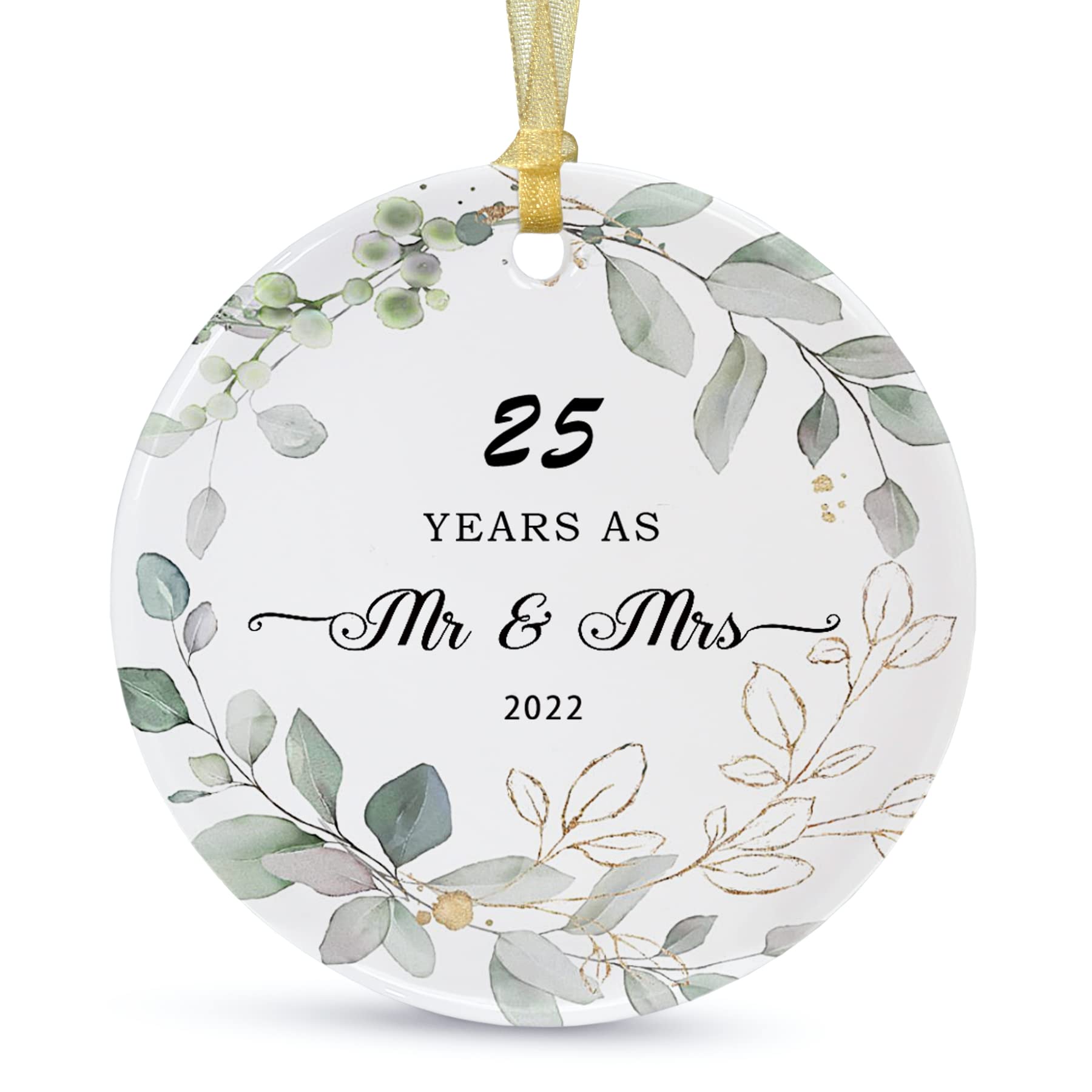 SIABERTERL 25 Years Anniversary Ornament 2022 Christmas Hanging,25th for Couple,25th Anniversary Ceramic Ornament Parents Gift for Decorating Home Weddings,with Ribbon and Love Color Gift Box (2.9")