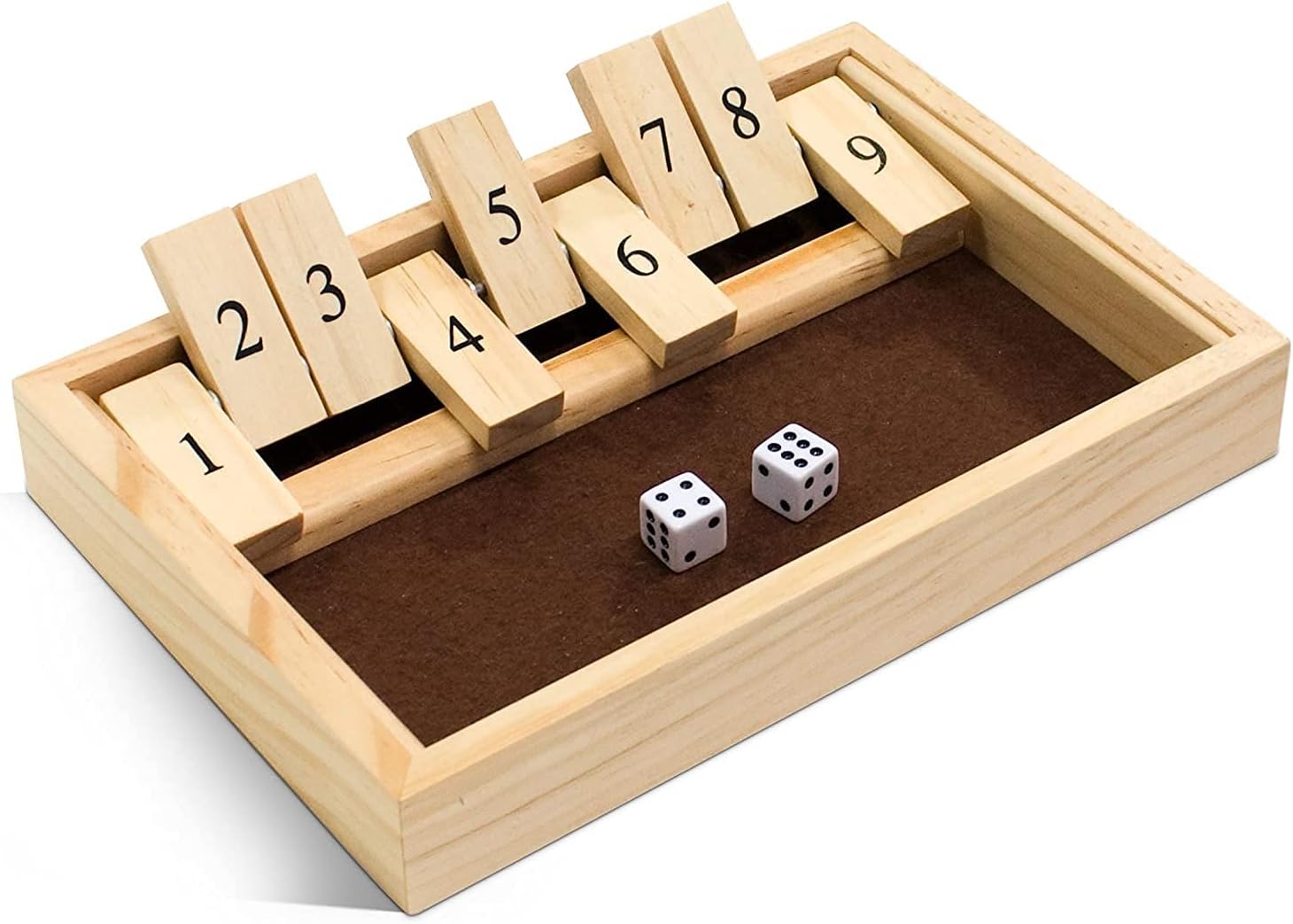 Classic Dice Board Game โ 9 Number Flip Tiles with Natural Wooden Box - 11 inches