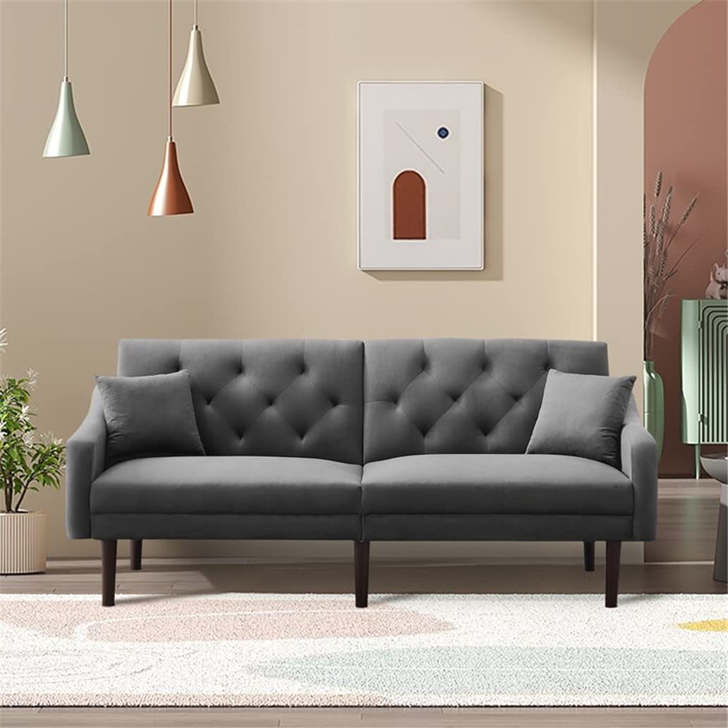 Buy Convertible Sofa Bed Velvet Sofa with armrests 2 Pillows futon