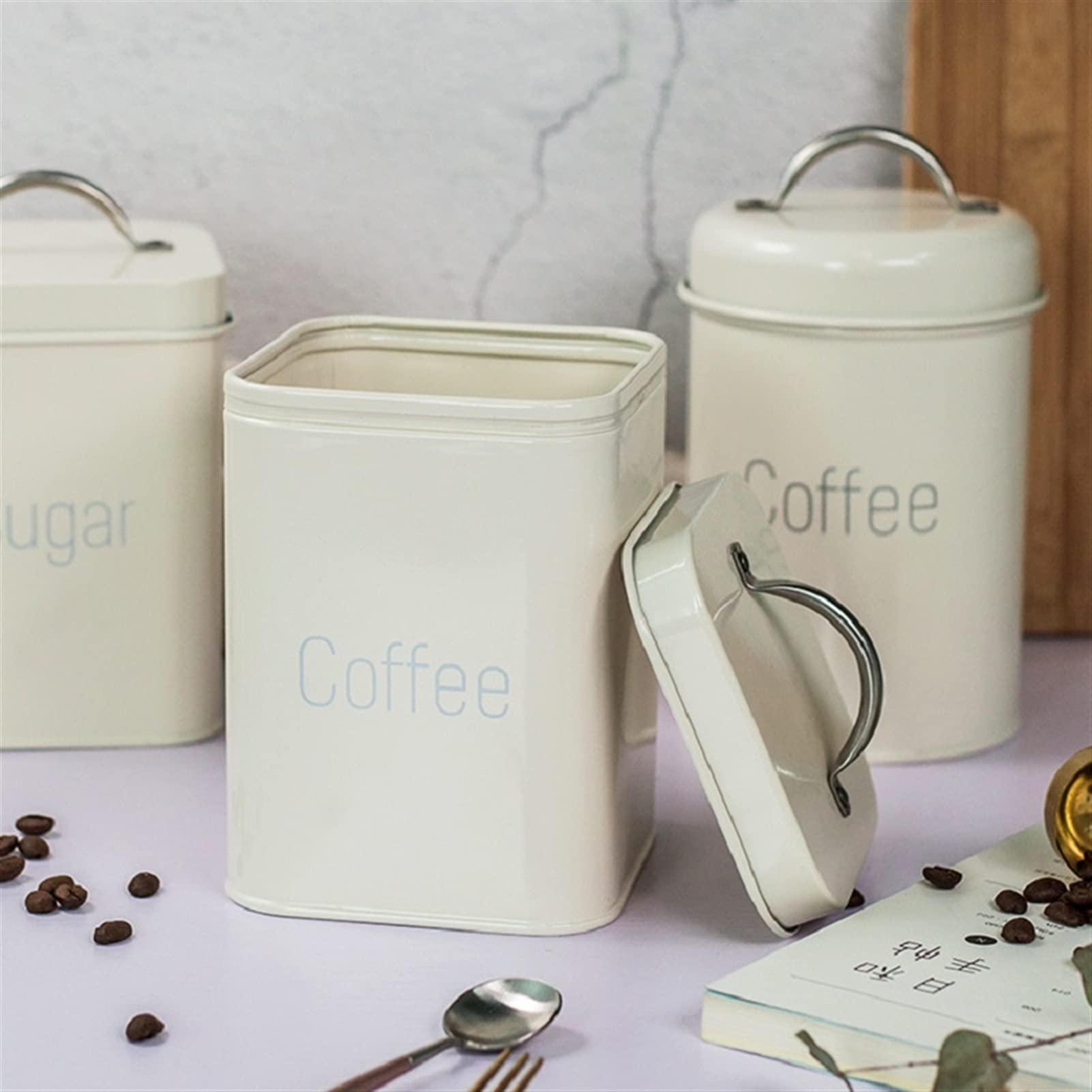 QINGGANGLING999 Kaffeedosen 3 stücke 10.6 * 10.6 * 14 cm weiße Blaue quadratische jar Kaffee Topf Tee Caddy Zucker aufbewahrungsbox Kaffeedose Luftdicht (Color : White)