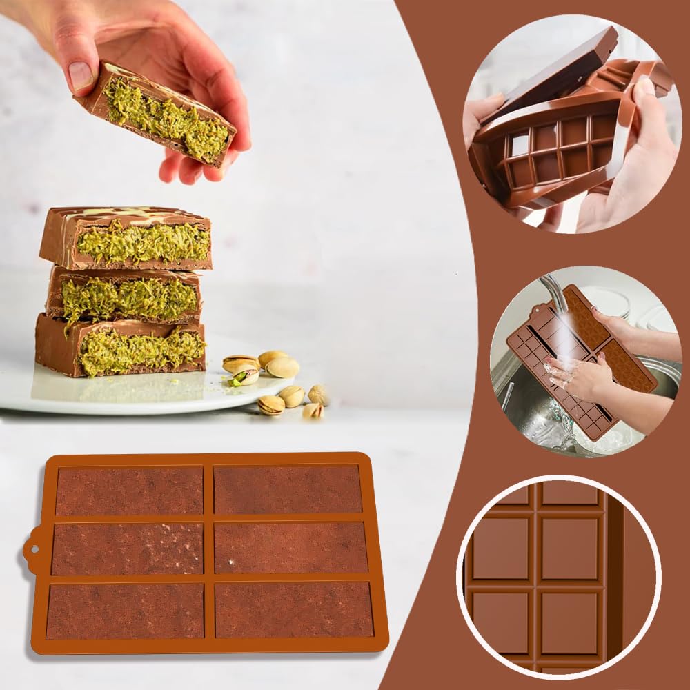 Tiefe Schokoladenriegel-Formen, 2 Stück, für Süßigkeitenriegel, antihaftbeschichtet, 6 Mulden, dickes Silikon, Dubai Kunafa Pistazien-Set zum Befüllen von Schokoladentafel mit Schaber
