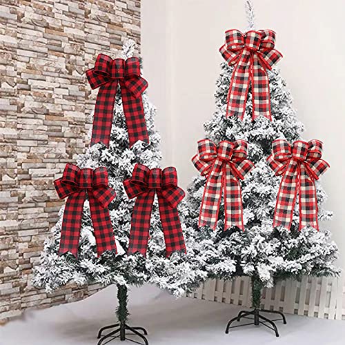 HYKITDAY 12 laços xadrez de Natal vermelhos, laços xadrez de búfalo, laços de topo de árvore de Nata