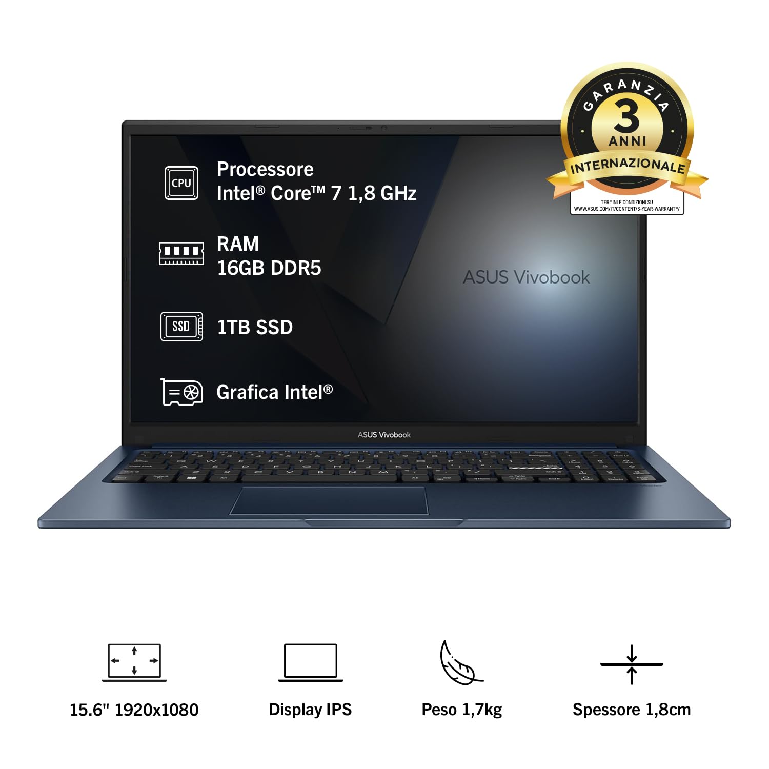 ASUS Vivobook 15 F1504VA#B0FZL9MB29, Notebook con display 15.6" IPS, Anti-glare, 60Hz,Intel® Core™ 7 Processor 150U,RAM 16GB, 1TB SSD, WIN11 Home, Blu