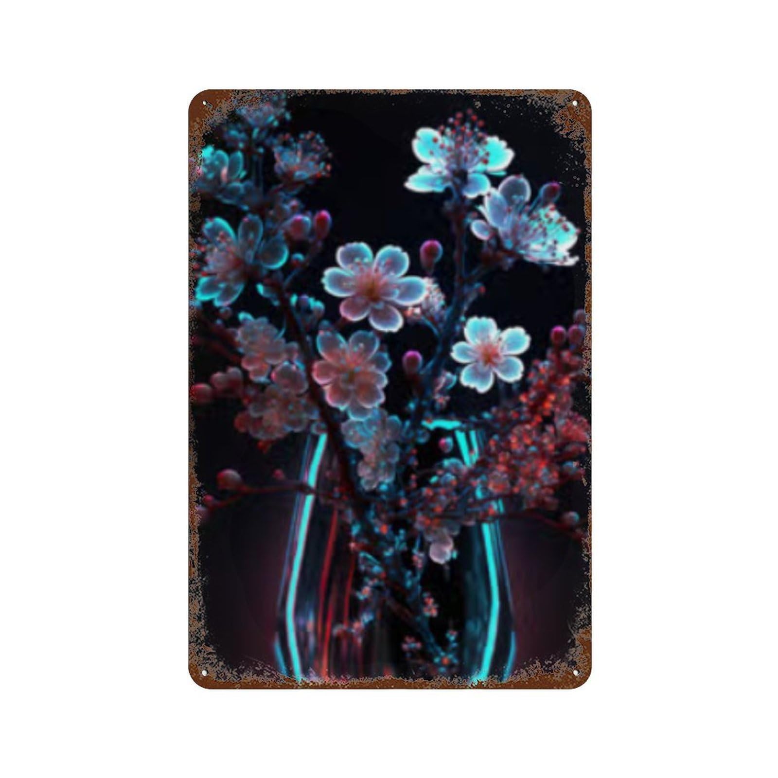Cherry Blossom Vase Decor Rust Effect Tin Sign 11.8"x7.9", Vintage Wall Decor for Garage, Pub Or Kitchen