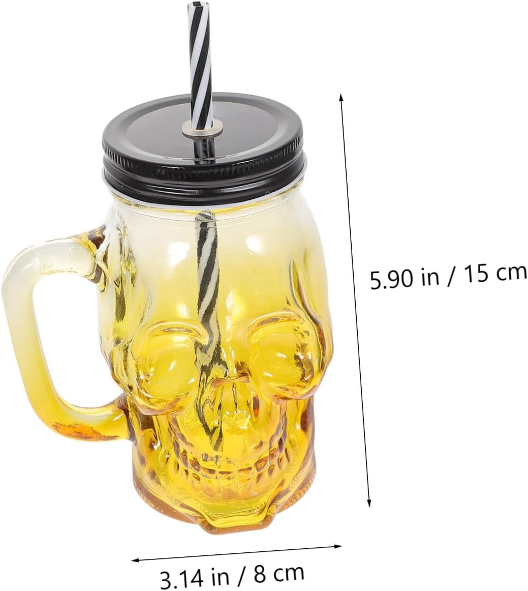 ARTIBETTER 2pcs Halloween Skull Glass Cups with Handle 500ml Gradient Yellow Glassware Party Beer Wine Drinkware Set with Lid and Straw for Halloween Party Random Color
