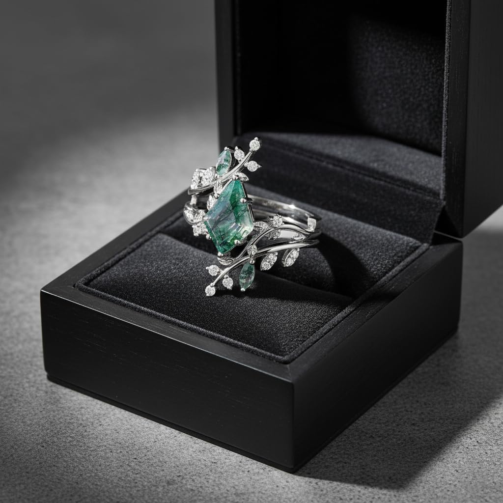 Natural Moss Agate Engagement Ring Set for Women Unique Kite Cut Ring Bridal Set 925 Sterling Silver Rings with 18K White Gold Plated - Image 5