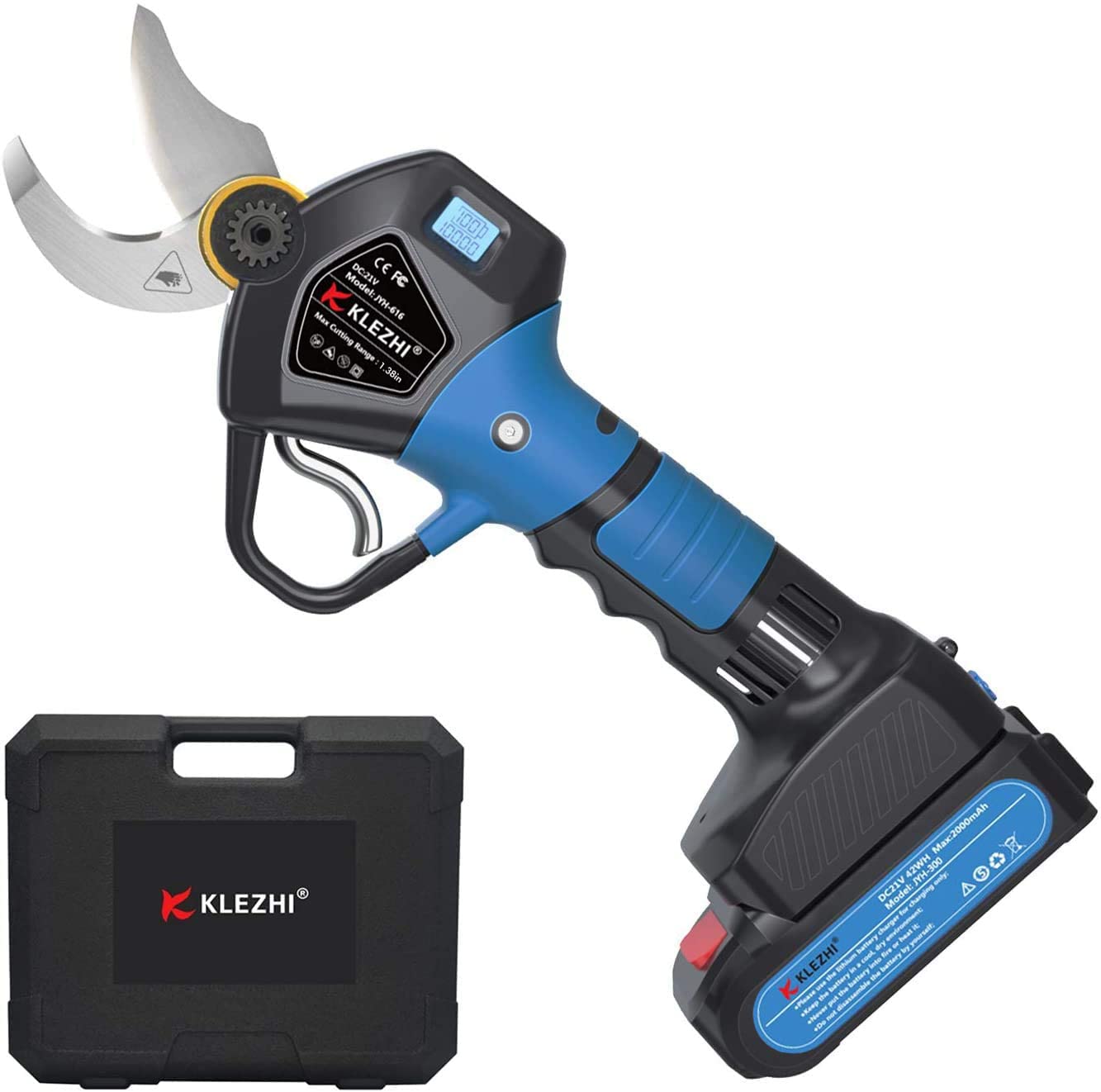 Akku Astschere mit LED, Schnurlose Elektrische Gartenschere, 35 mm Schnittdurchmesser, 2x 2 Ah Lithium-Wiederaufladbar Akku, 6–8 Arbeitsstunden, 21V Rebschere, Baumschere, Rosenschere