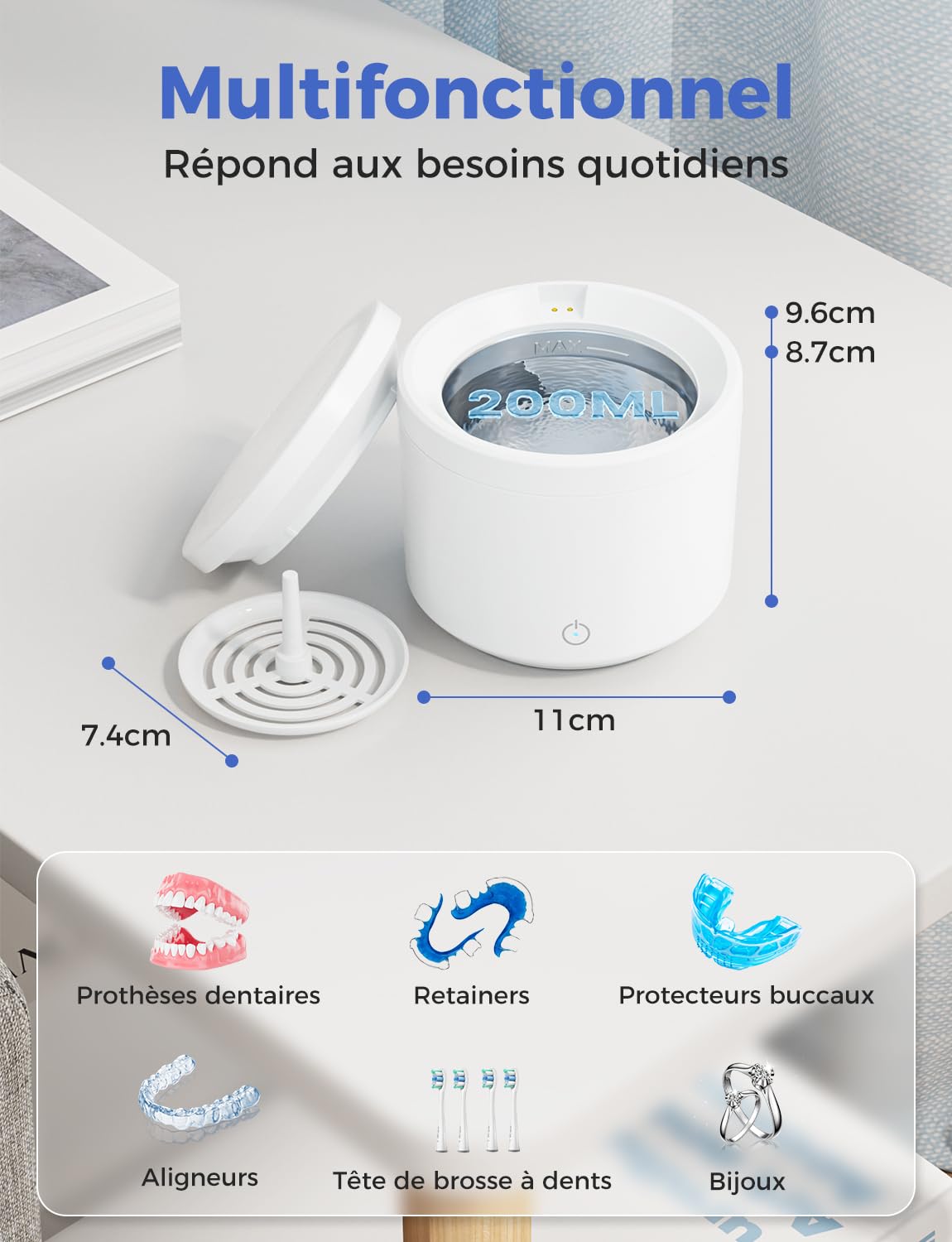 Nettoyeur Ultrasons, Ultrasonic Cleaner 48000Hz, Dental Pod 200ml, Nettoyeur Gouttiere Dentaire avec Lampe UV, pour Prothèses Dentaires/Gouttière Dentaire/Retainer/Bijoux, Blanc