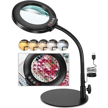 Veemagni 10 x Magnifying Glass with Light and Stand 5 Colour Modes Continuously Dimmable LED Illuminated Desk Lamp Hands-Free Flexible Gooseneck Magnifying Glass with Light for Crafts Hobby Painting Closing Work