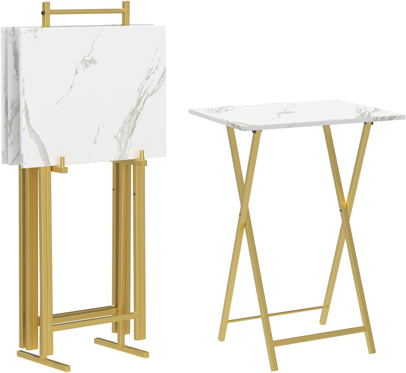HOOBRO Folding TV Tray Tables, Set of 4 TV Trays with Storage Rack, Industrial Side Table for Eating at Couch, Foldable Snack Table for Small Space, Easy Assembly, Marble and Gold DM50BZ01 Marble + Gold