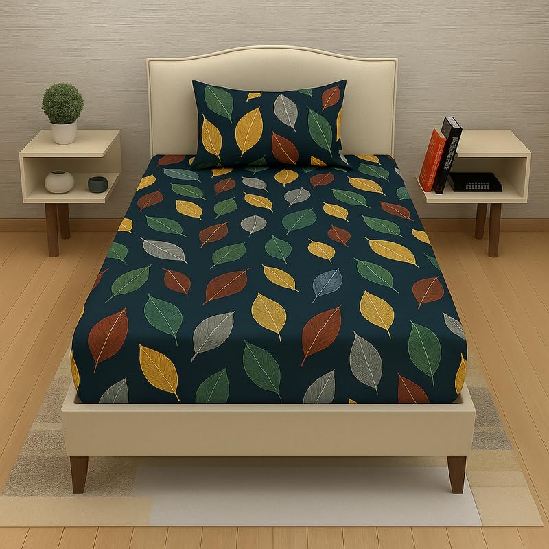 Image of Homedy Premium Cotton Elastic Fitted Bedsheets with 1 Pillow Covers |Floral Printed Single Bed Elastic 220 TC Supersoft Breathable & Wrinklefree | for 72x36+6 Inches, Pattren Floral Blue Green
