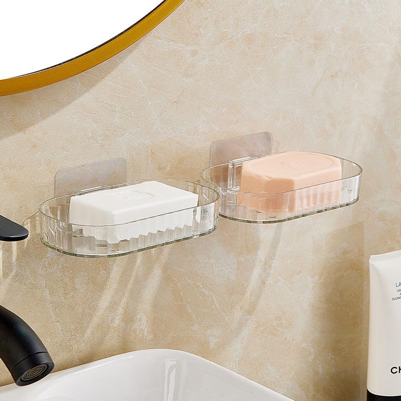 Self Adhesive Soap Holder for Bathroom, Transparent Acrylic Soap Dish with Self Draining Design, Drill-Free Wall Mounted Soap Stand,r Bathroom, Kitchen Sink & Wash Basin, Pack of 2-image-10