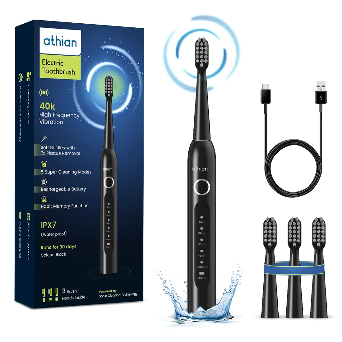 athian Luxe Series UltraSonic Whitening Toothbrush with 3 Brush Heads 40,000 VPM Electric Motor & Rechargeable battery – 5 Super Brushing Modes & Smart timer athian Luxe Series UltraSonic Whitening Toothbrush with 3 Brush Heads 40,000 VPM Electric Motor & Rechargeable battery – 5 Super Brushing Modes & Smart timer