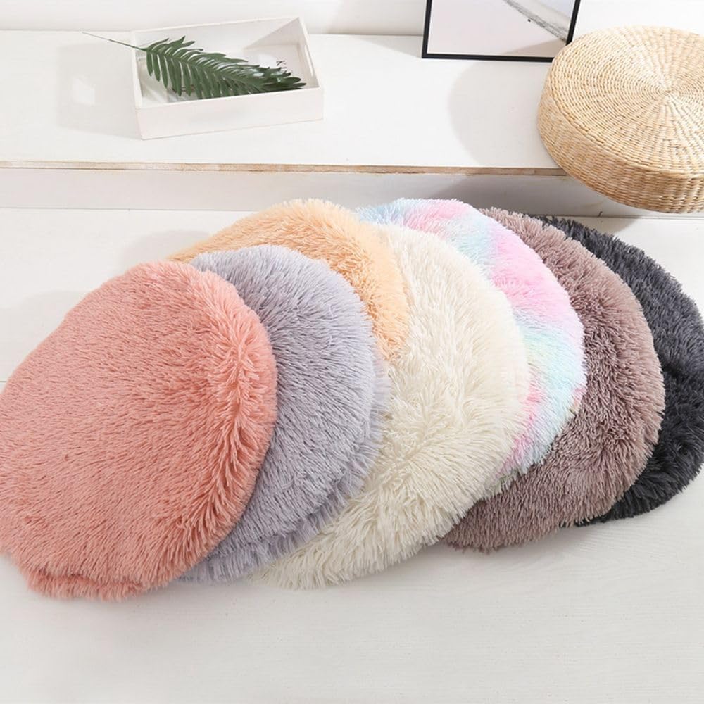 Calming Dog Cat Bed Cat Cushion Cat Mat Long Plush Round Sleeping Bed for Small Medium Kitten Puppy,15.74"/19.68"/23.62"(60cm/23.62inch,White)