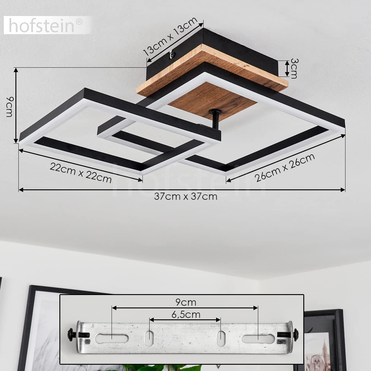 Plafonnier LED Walschbronn, plafonnier en métal/MDF/plastique noir/imitation bois/marron/blanc, abat-jour orientable, 1200 lumens, 3000 K, 1 x LED 18 watts