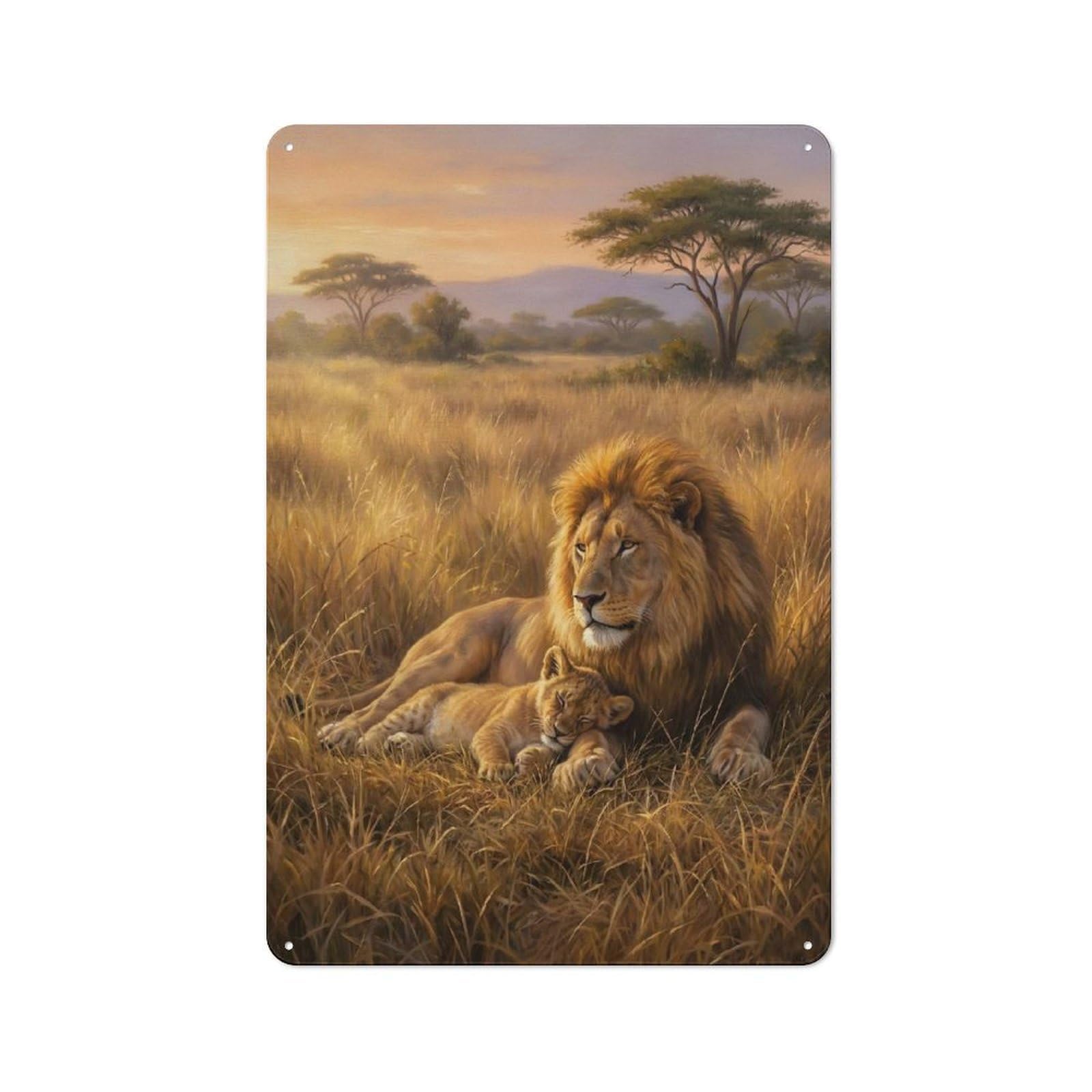 Creative Lion And Cub in Savannah Office Metal Sign 30x20cm, Study Room Decor for Workspace, Cafe, Shop Or Desk Area