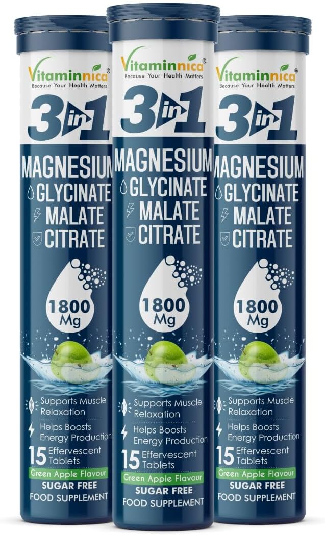Vitaminnica Magnesium 3-in-1 Effervescent- 15 Tablets – High Absorption Magnesium Malate, Citrate & Glycinate – Energy, Muscle Function & Relaxation – Sugar-Free (Pack of 3, Green Apple)