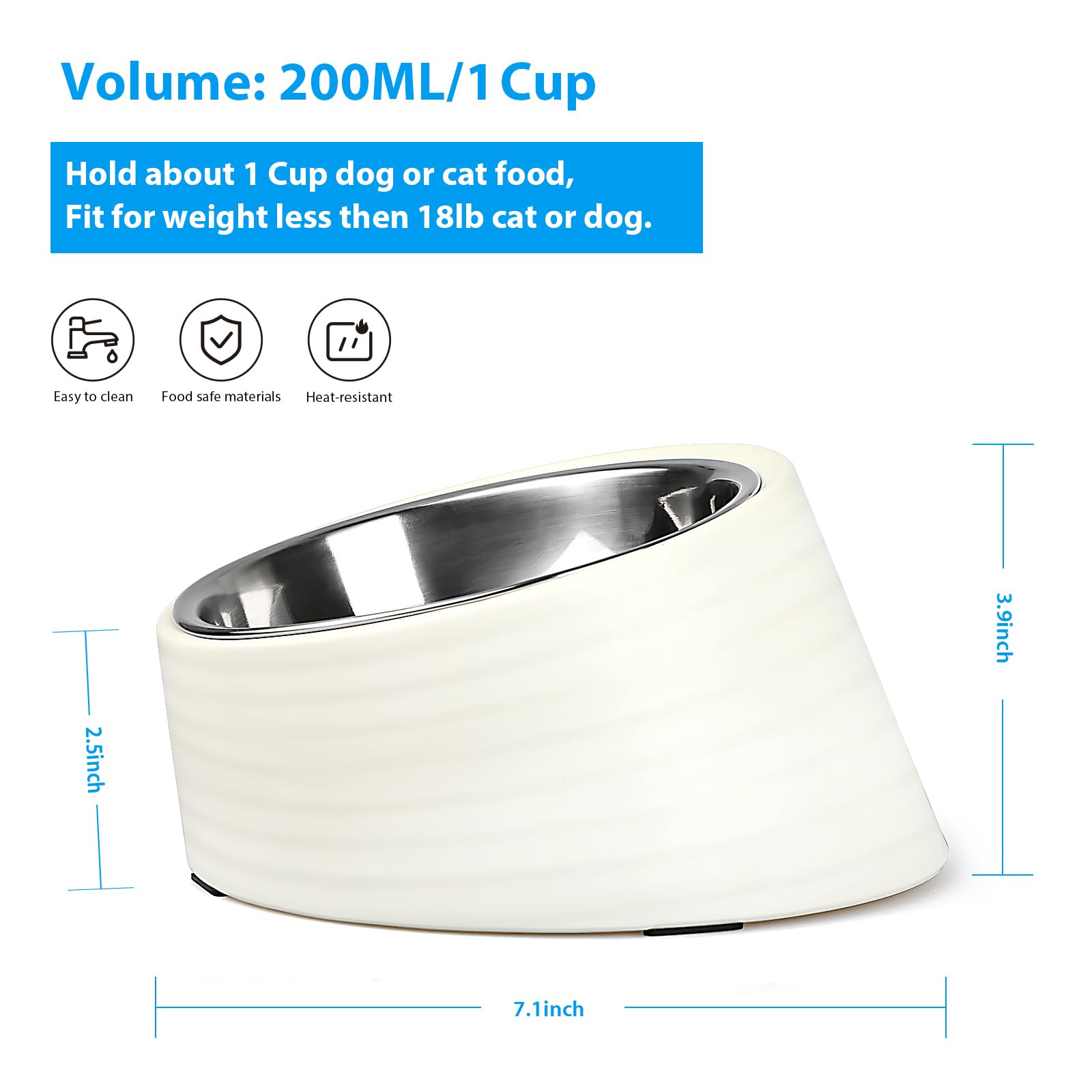 Uppetly Cuenco inclinado de acero inoxidable inclinado de 15° para perros y gatos, comedero antideslizante y antiderrames, con soporte de melamina desmontable elevado, plato fácil de conseguir,
