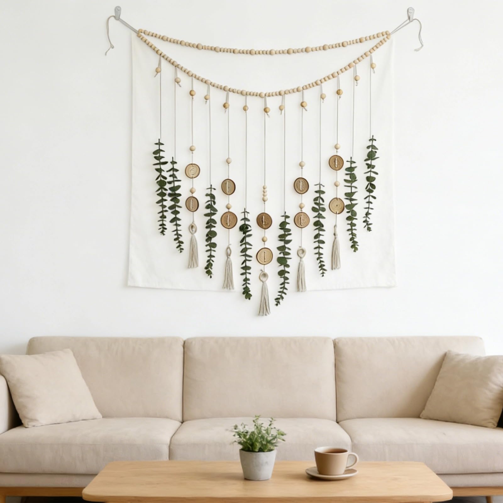 Decoración para colgar en la pared de eucalipto, tapiz grande de macramé de 78 cm, arte bohemio de pared con hojas verdes sintéticas, cuentas de madera y rodajas para decoración del hogar, apartamento