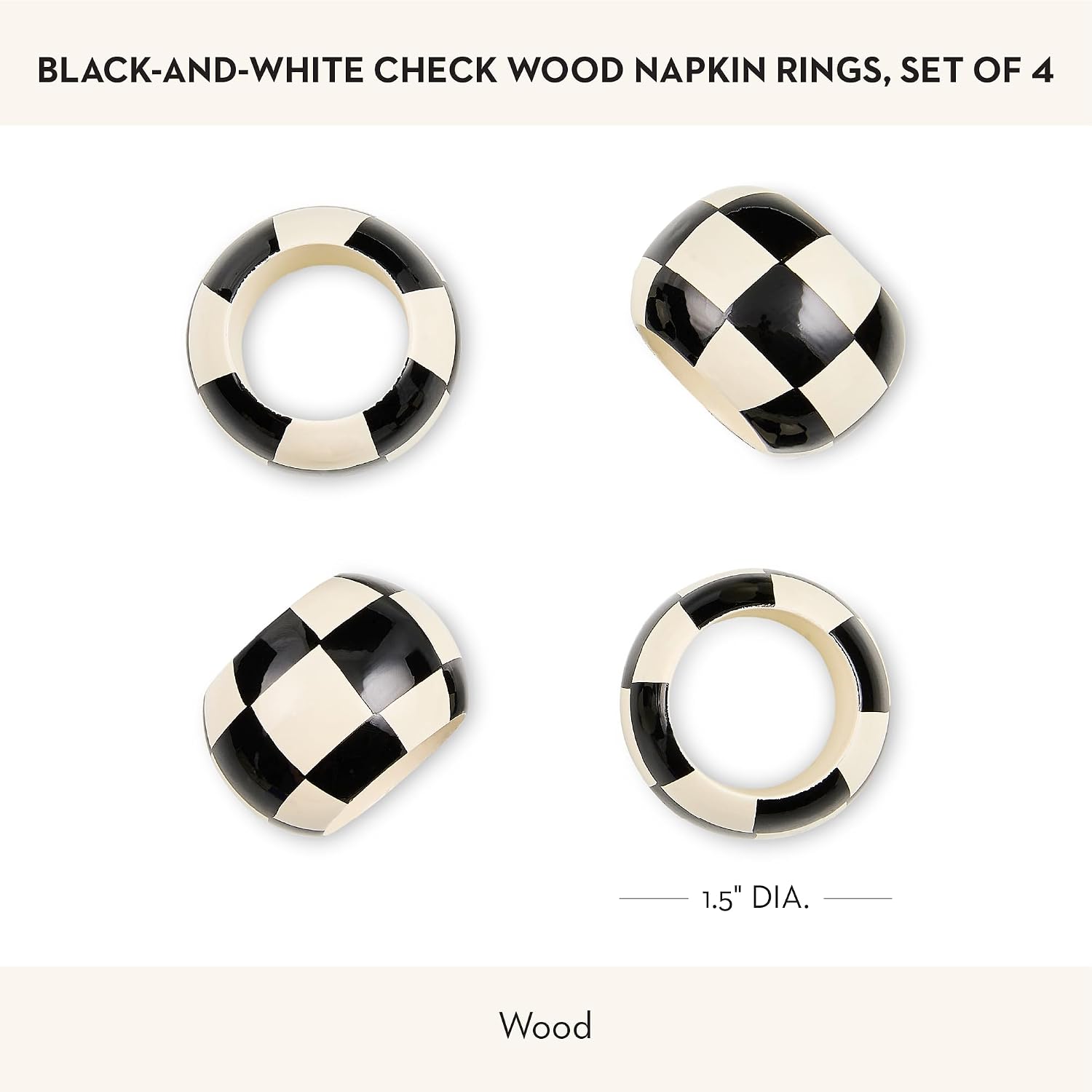 MACKENZIE-CHILDS Set of 4 Wood Napkin Rings, Fancy Napkin-Holder Rings, Black-and-White Check