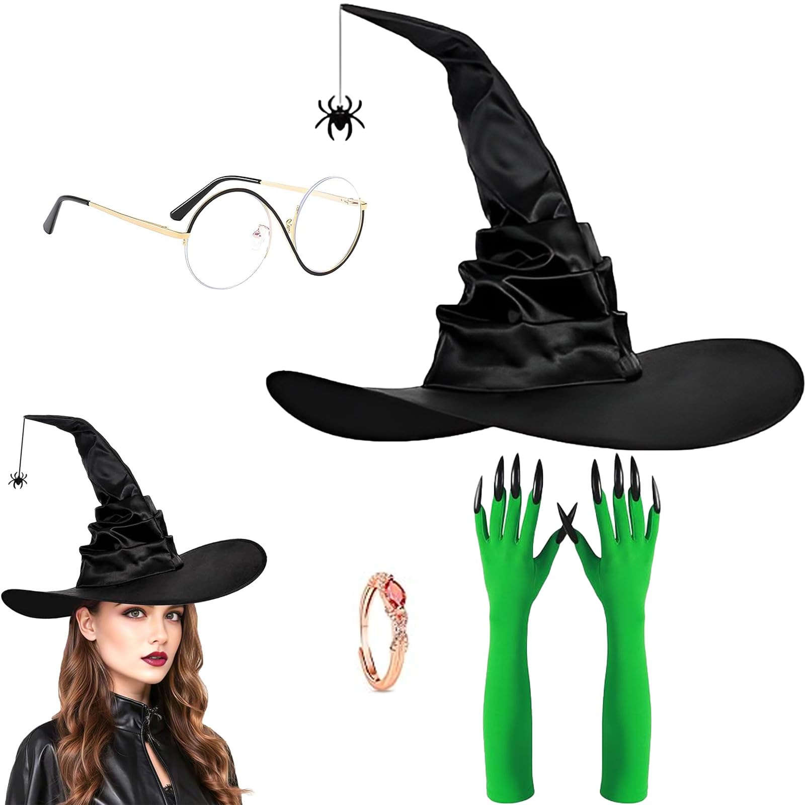 BYYDANFC 4pcs Witch Hat Set, Witch Costume Accessories For Halloween Party, Hat With Gloves Ring And Glasses, Cosplay Outfit For Women And Girl