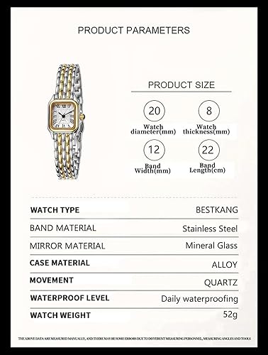 Miniatura 6 de BESTKANG Relojes para mujer Vintage Square Classic Reloj de lujo con números romanos Dial Oro Plata Dos Tonos Banda de Acero Inoxidable Elegante