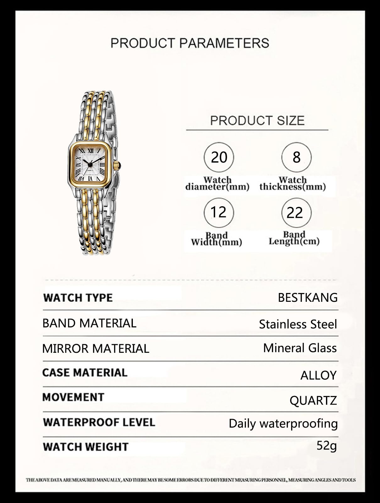 BESTKANG Reloj de pulsera para mujer, clásico, cuadrado, clásico, de lujo, con números romanos, esfera dorada y plateada, correa de acero inoxidable de dos tonos, elegante, para mujer