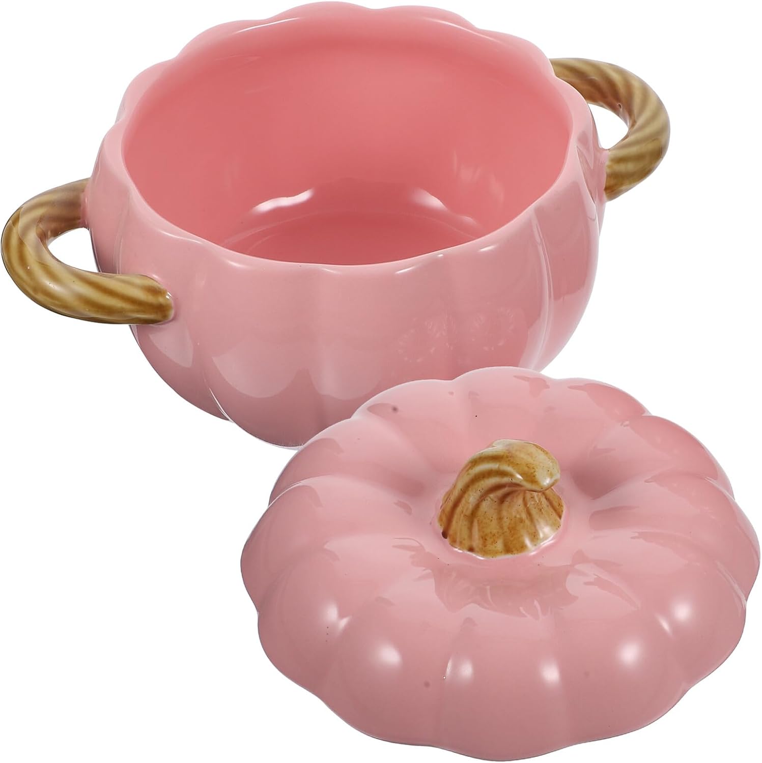 Ciieeo Ceramic Pumpkin Steamed Soup Bowl with Lid Double Handles Pink ’s Food Bowl for Thanksgiving Halloween Dinnerware