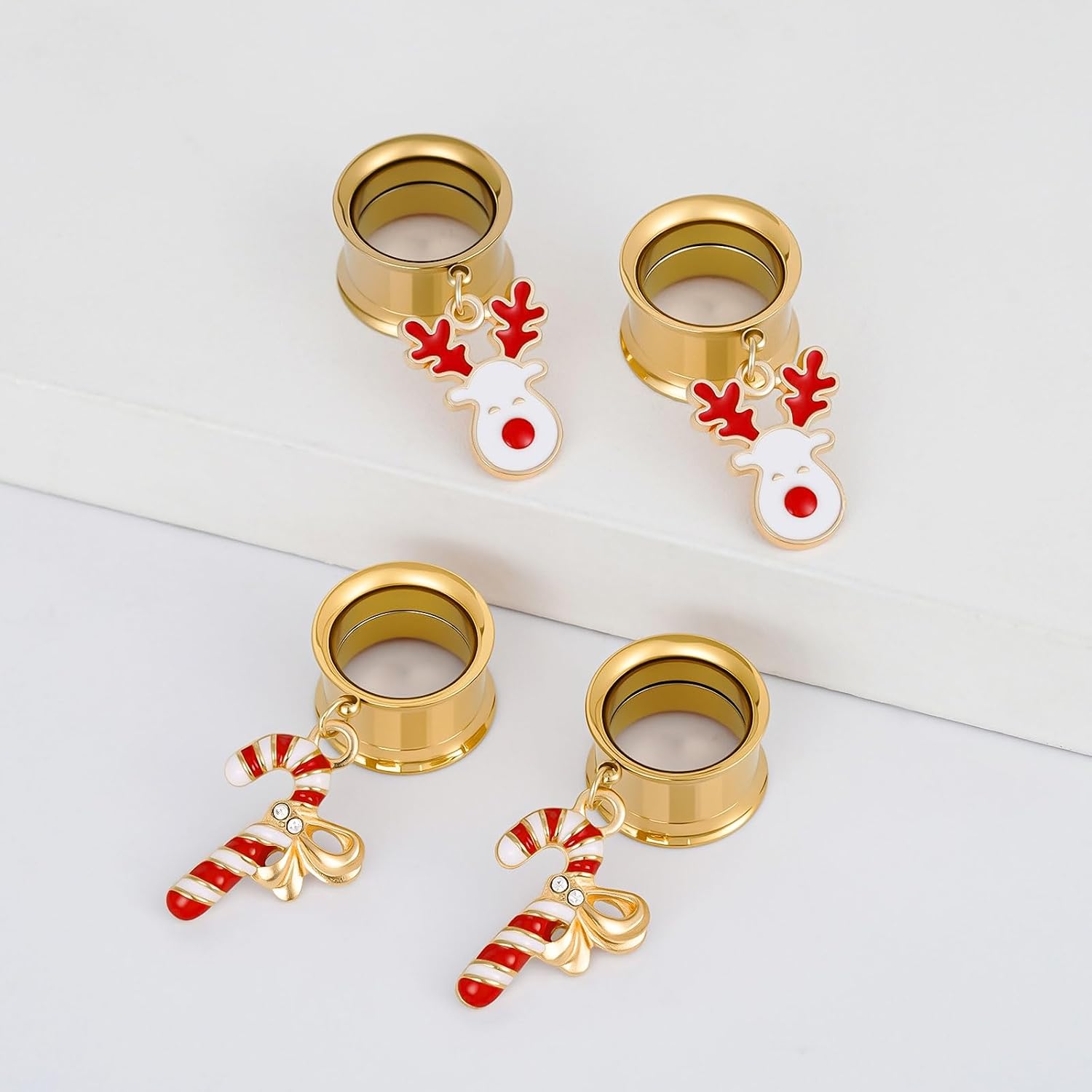 ERKUOO 4PCS Christmas Ear Tunnels Set Stainless Steel Double Flare Gold Tone Plug Gauges with Santa Snowman Reindeer Candy Cane Dangle Charms Holiday Stretching Jewelry Gift for Women Men 6mm-25mm
