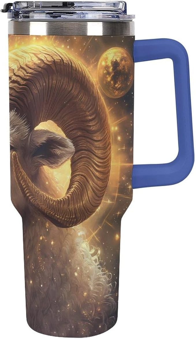 Zodiac Sign Aries Golden 40 Oz Tumbler with Handle And Straw Lid Insulated Coffee Mug Travel Car Cup