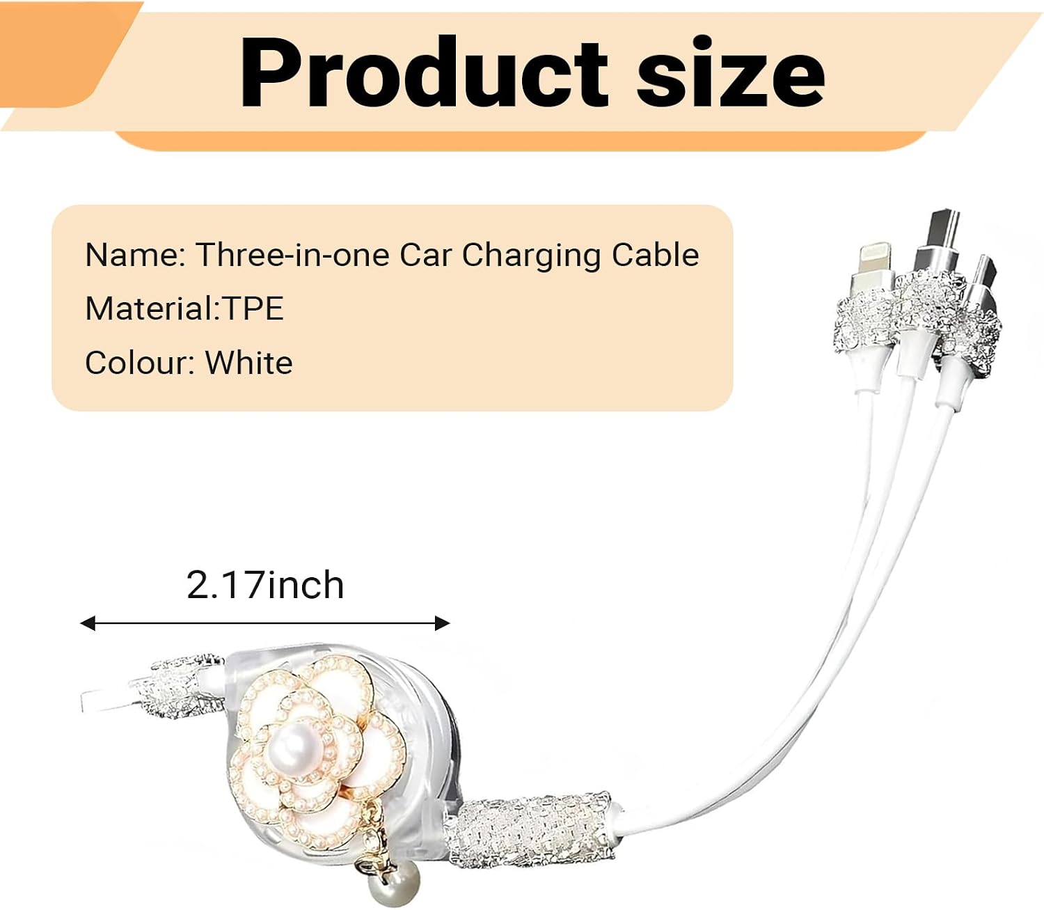 Car Charging Cable, 3 in 1 Multifunctional Retractable Data Cable, Diamond-Studded Flowers Decorative Charging Cables with Type-C/Lightning/Micro Connectors for Women, for Most Cars (White) image 2